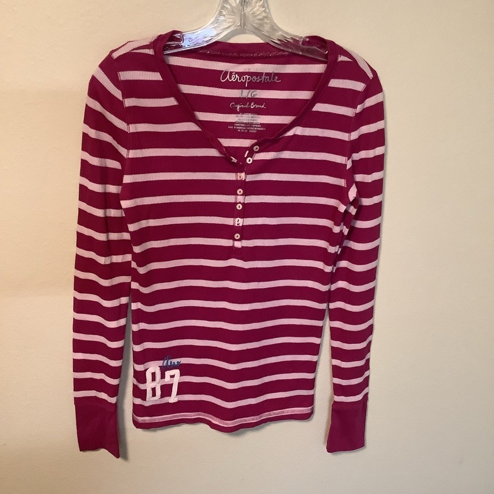 Aeropostale Womens‎ Pink White Striped Waffle Knit Henley Long Sleeve Top Large